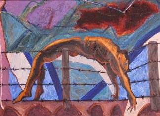 "En la cerca", de Antonio Ramírez, 2009. Pintura Mixta sobre plástico, 75 x 121 cm.